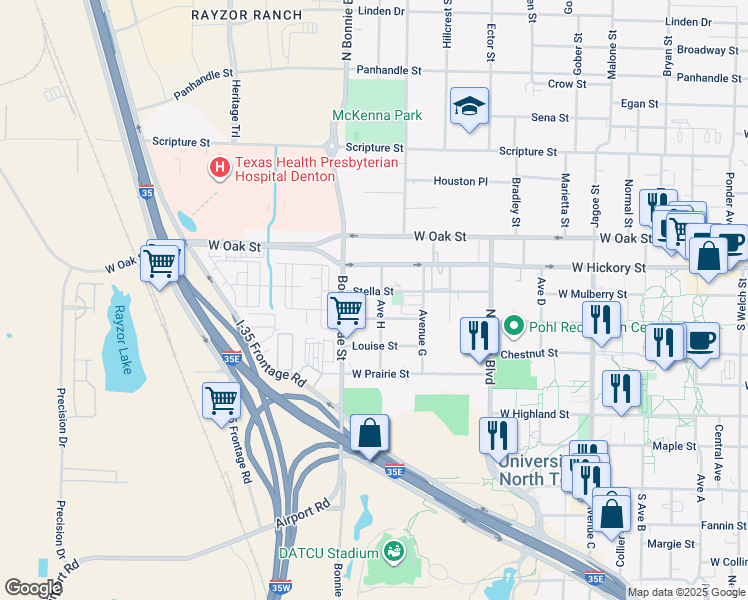 map of restaurants, bars, coffee shops, grocery stores, and more near 2428 Charlotte Street in Denton