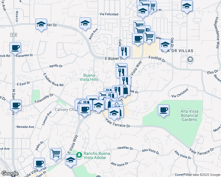 map of restaurants, bars, coffee shops, grocery stores, and more near 1049 Anza Avenue in Vista