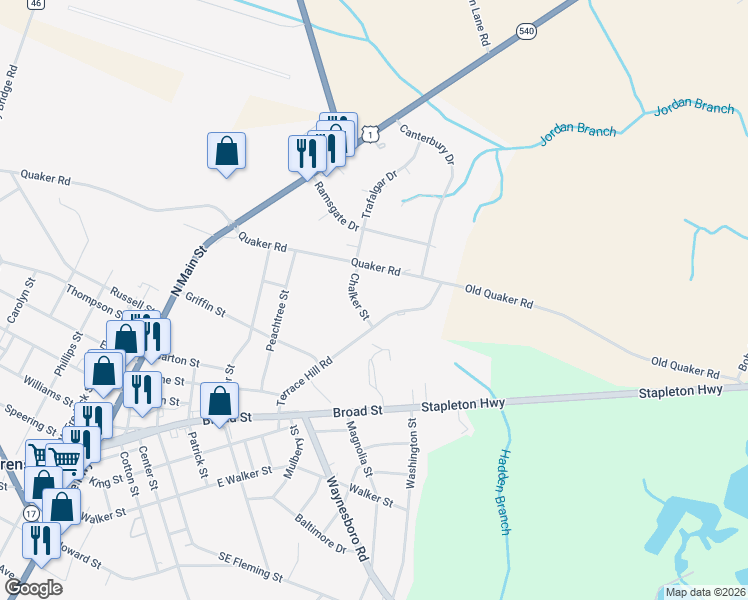 map of restaurants, bars, coffee shops, grocery stores, and more near 314 Old Quaker Road in Wrens
