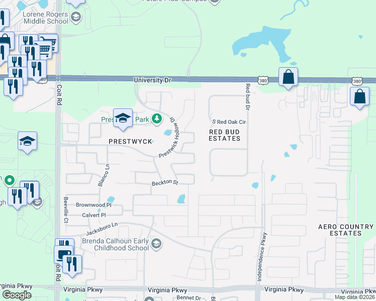 map of restaurants, bars, coffee shops, grocery stores, and more near 1216 Elletracy Street in McKinney