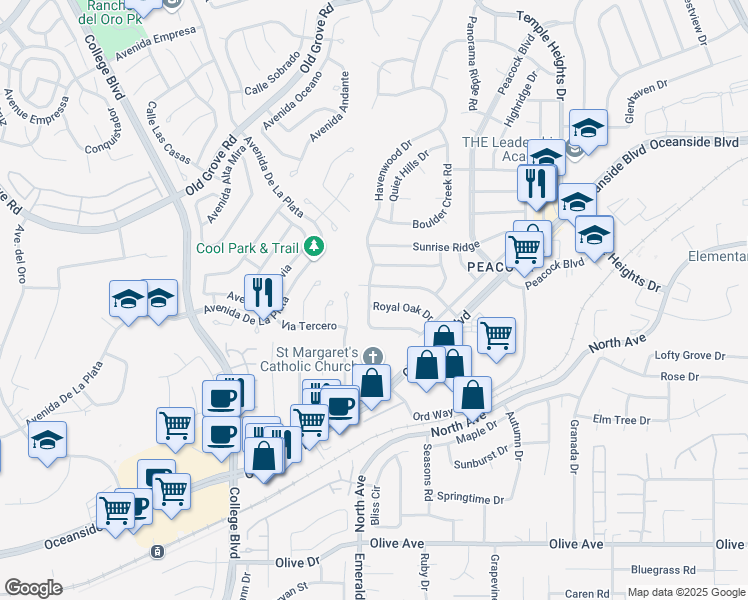 map of restaurants, bars, coffee shops, grocery stores, and more near 4524 Royal Oak Drive in Oceanside