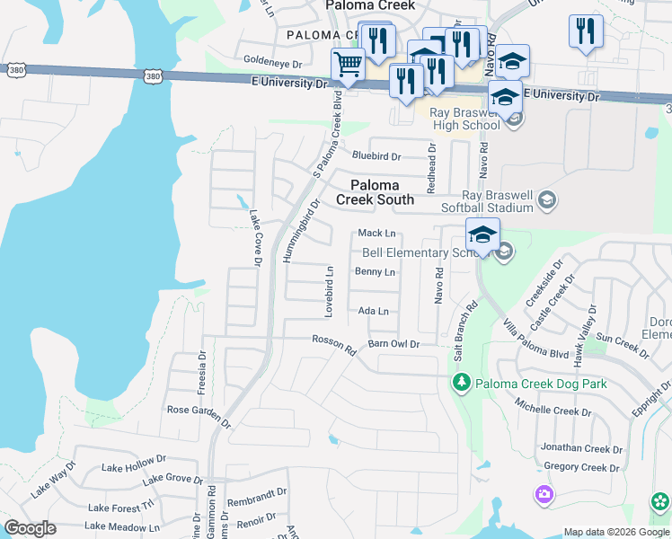map of restaurants, bars, coffee shops, grocery stores, and more near 801 Lovebird Lane in Little Elm