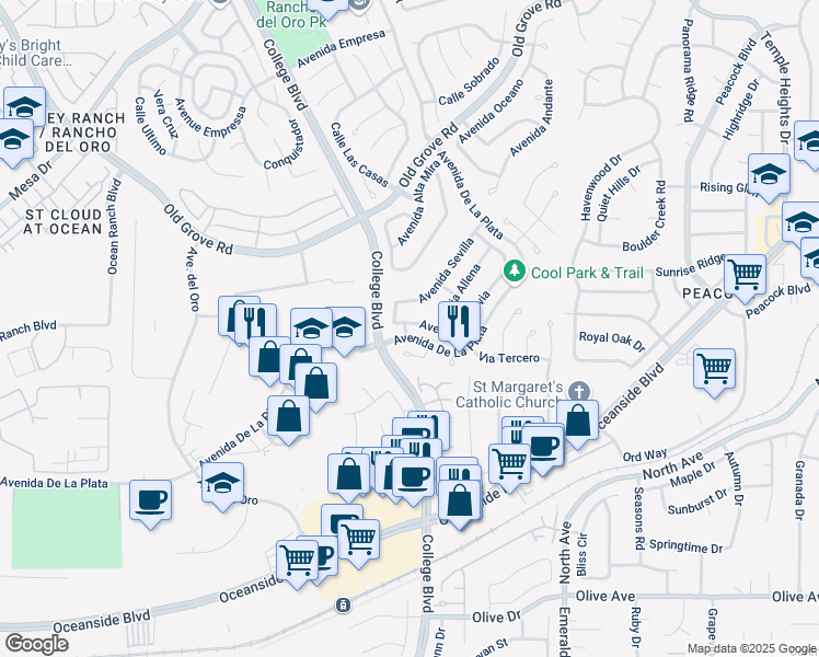 map of restaurants, bars, coffee shops, grocery stores, and more near 1895 Avenida Segovia in Oceanside