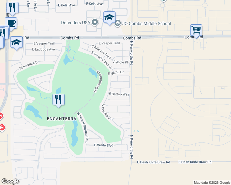 map of restaurants, bars, coffee shops, grocery stores, and more near 1558 East Hesperus Way in San Tan Valley