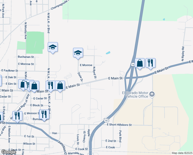 map of restaurants, bars, coffee shops, grocery stores, and more near 2009 East Main Street in El Dorado
