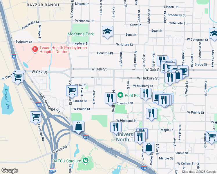 map of restaurants, bars, coffee shops, grocery stores, and more near 2105 Stella Street in Denton