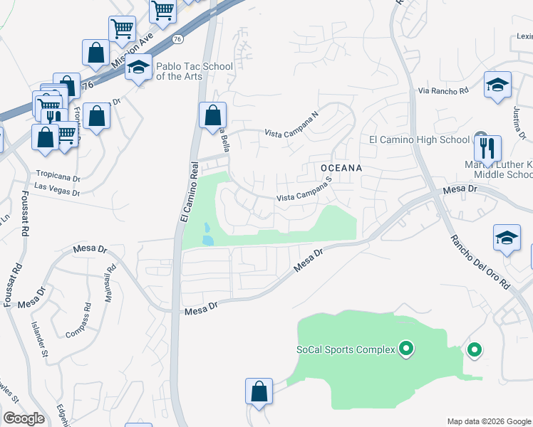 map of restaurants, bars, coffee shops, grocery stores, and more near 3621 Vista Campana South in Oceanside