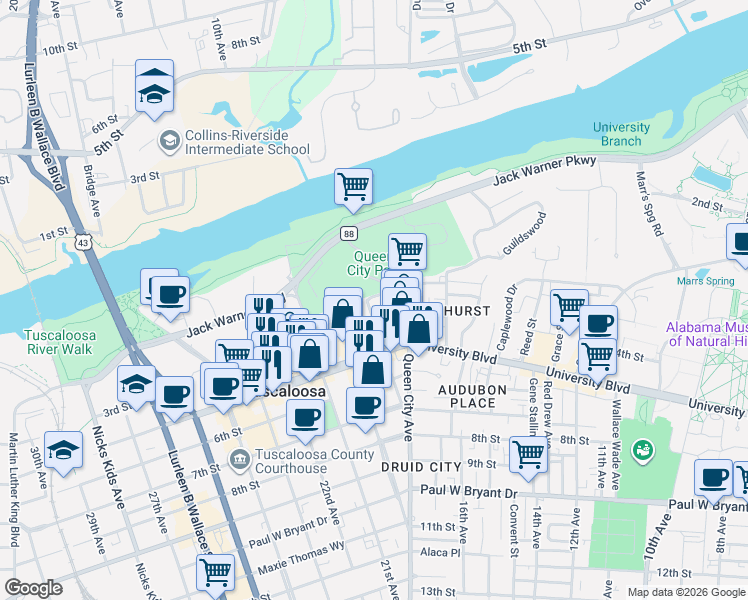 map of restaurants, bars, coffee shops, grocery stores, and more near 312 19th Avenue in Tuscaloosa