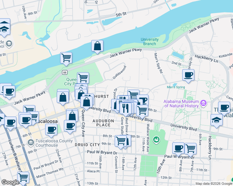 map of restaurants, bars, coffee shops, grocery stores, and more near 328 Caplewood Drive in Tuscaloosa