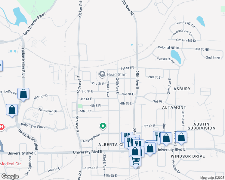 map of restaurants, bars, coffee shops, grocery stores, and more near 309 24th Avenue East in Tuscaloosa