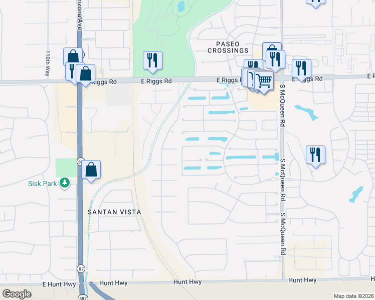 map of restaurants, bars, coffee shops, grocery stores, and more near 11642 East Regal Court in Chandler