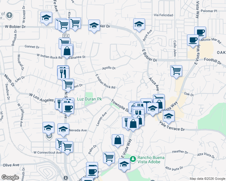 map of restaurants, bars, coffee shops, grocery stores, and more near 510 Townsite Drive in Vista