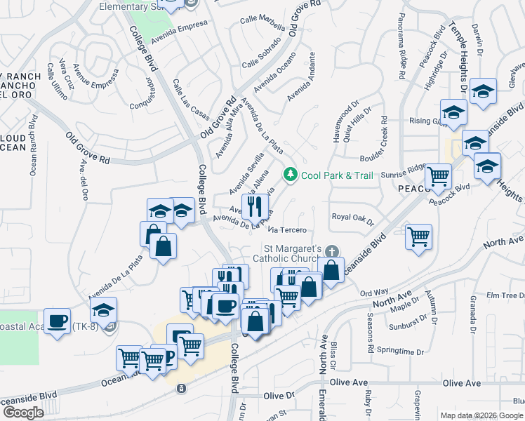 map of restaurants, bars, coffee shops, grocery stores, and more near 1837 Avenida Segovia in Oceanside
