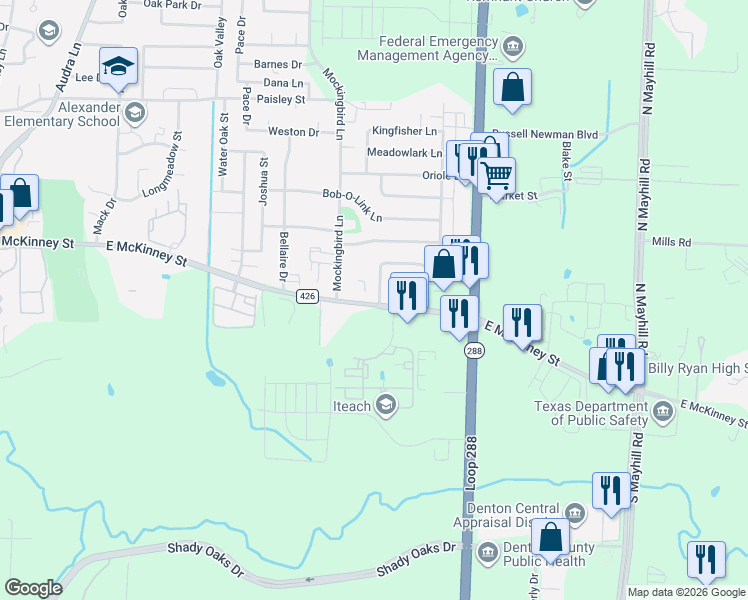 map of restaurants, bars, coffee shops, grocery stores, and more near 3320 East McKinney Street in Denton