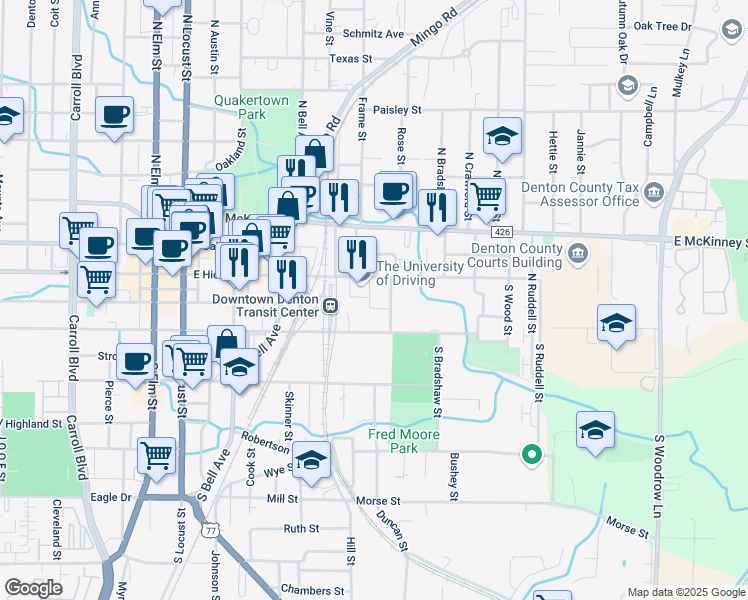 map of restaurants, bars, coffee shops, grocery stores, and more near 601 East Sycamore Street in Denton