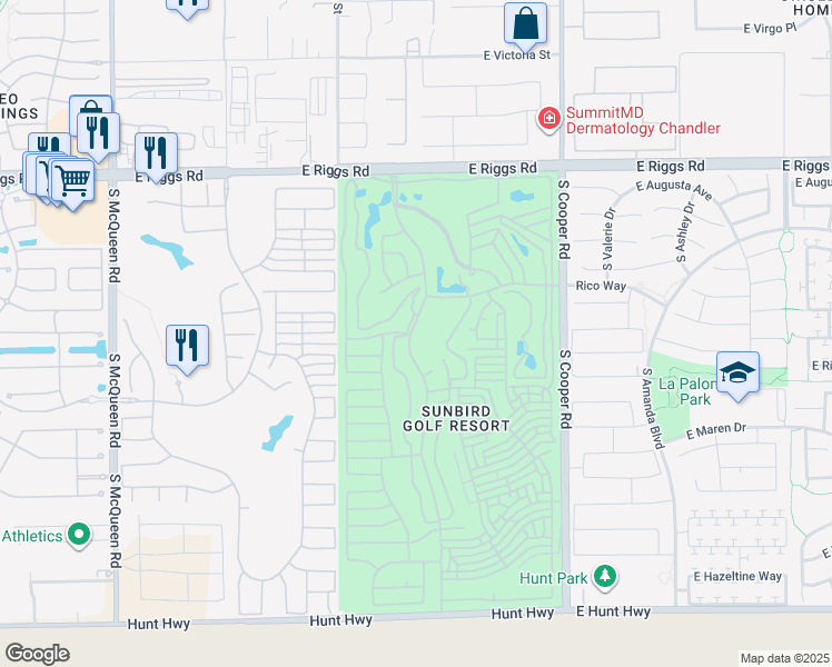 map of restaurants, bars, coffee shops, grocery stores, and more near 6451 South Championship Drive in Chandler