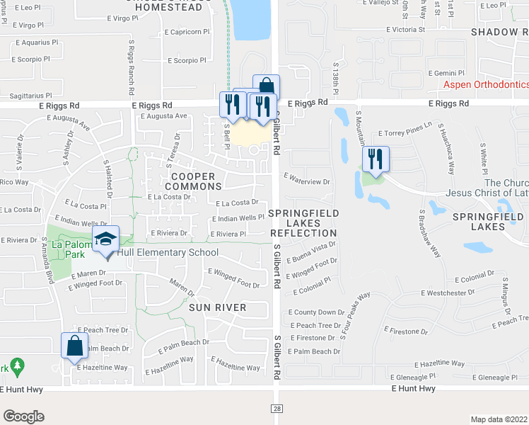 map of restaurants, bars, coffee shops, grocery stores, and more near 2972 East Indian Wells Place in Chandler