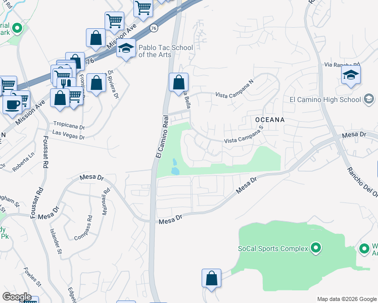 map of restaurants, bars, coffee shops, grocery stores, and more near 3621 Vista Campana North in Oceanside