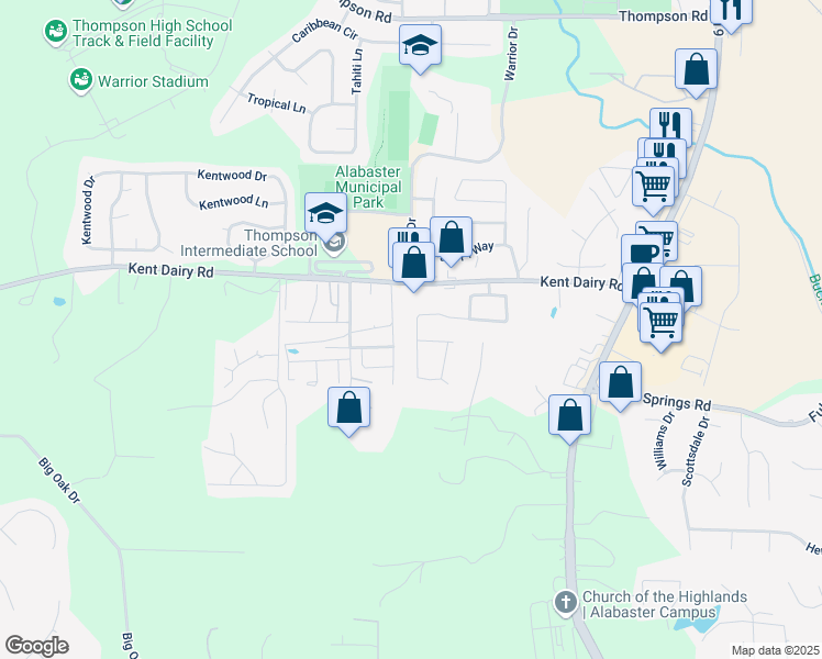 map of restaurants, bars, coffee shops, grocery stores, and more near 182 Jasmine Drive in Alabaster