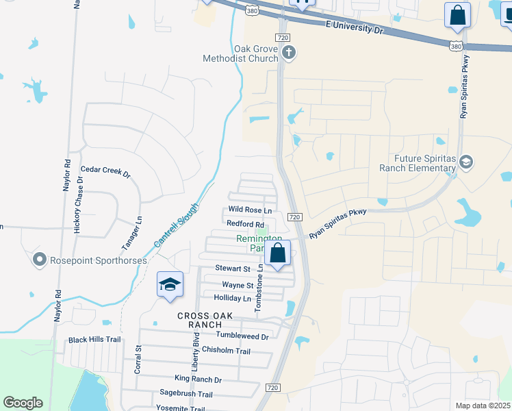 map of restaurants, bars, coffee shops, grocery stores, and more near 9033 Redford Road in Aubrey