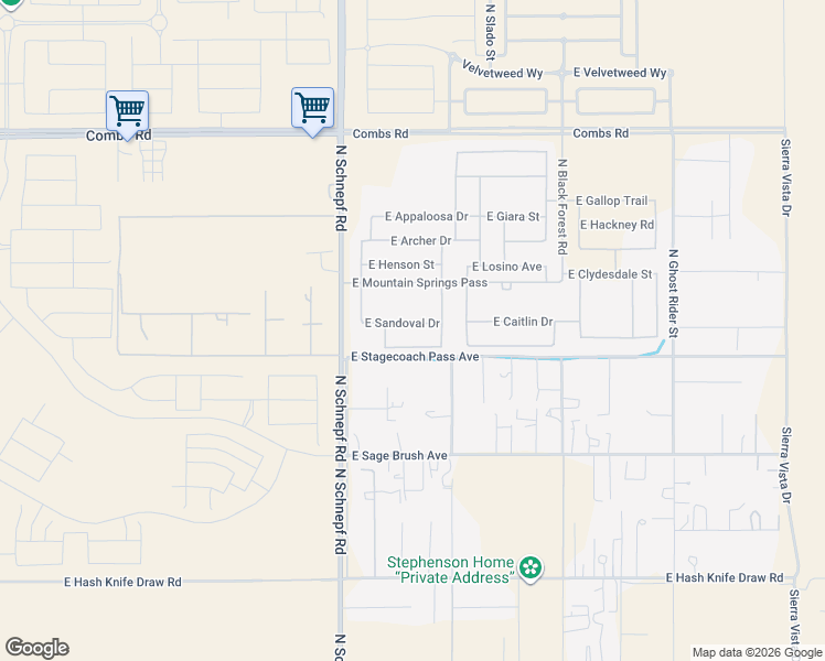 map of restaurants, bars, coffee shops, grocery stores, and more near 3671 East Stagecoach Pass Avenue in Queen Creek