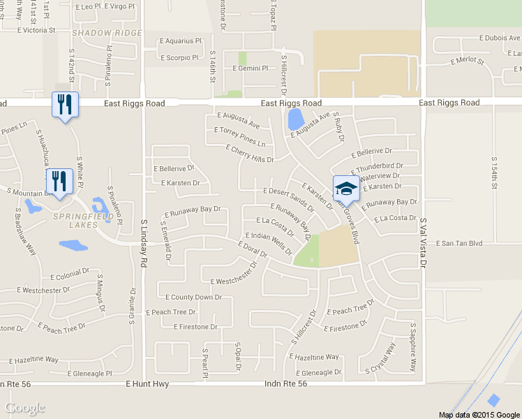 map of restaurants, bars, coffee shops, grocery stores, and more near 4457 East La Costa Drive in Chandler