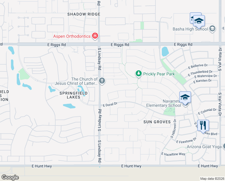 map of restaurants, bars, coffee shops, grocery stores, and more near 4122 East La Costa Drive in Chandler