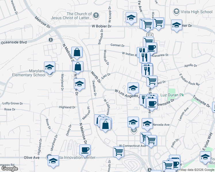 map of restaurants, bars, coffee shops, grocery stores, and more near 416 West Los Angeles Drive in Vista