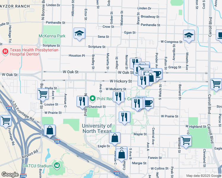 map of restaurants, bars, coffee shops, grocery stores, and more near 1801 West Mulberry Street in Denton
