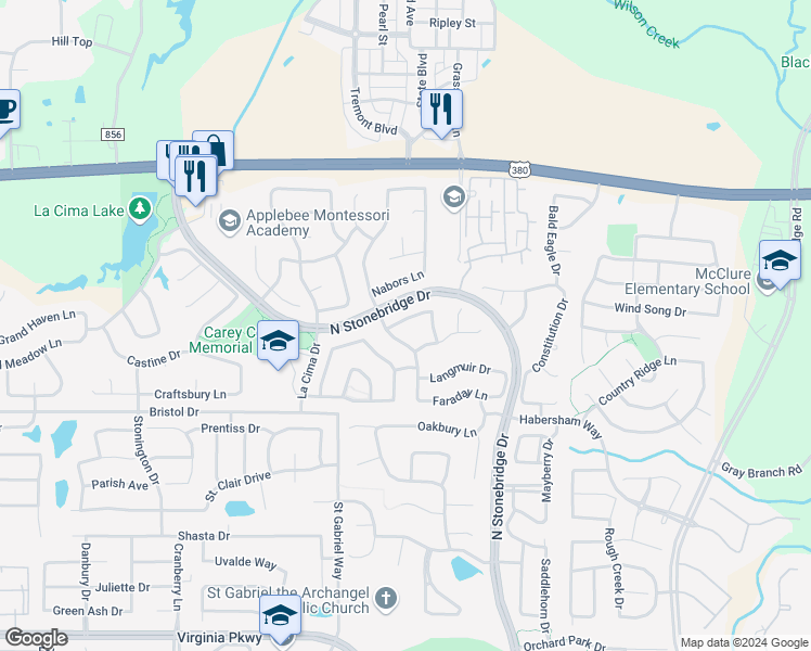 map of restaurants, bars, coffee shops, grocery stores, and more near 7401 Maudsley Drive in McKinney
