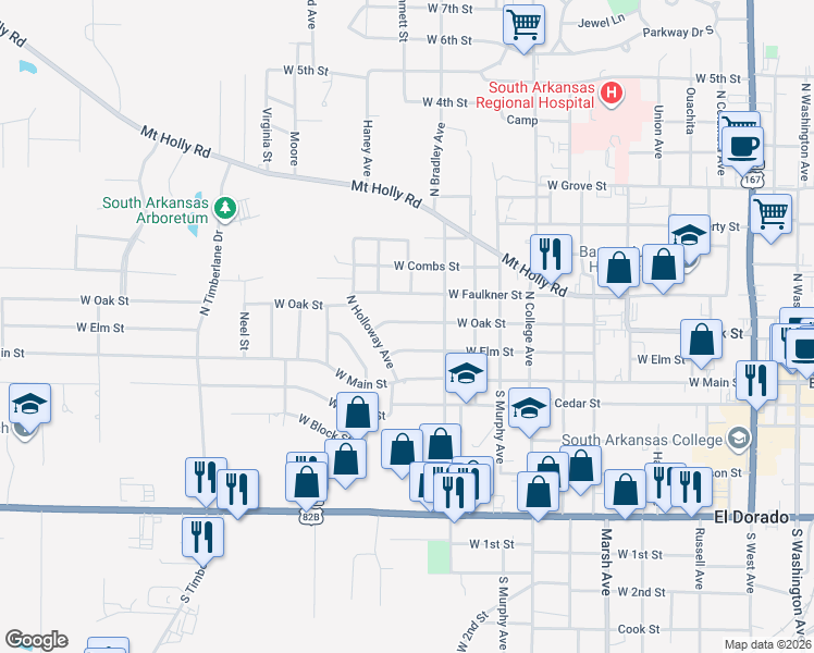 map of restaurants, bars, coffee shops, grocery stores, and more near 1223 West Elm Street in El Dorado