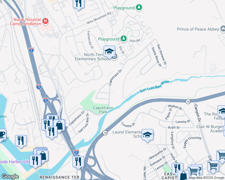 map of restaurants, bars, coffee shops, grocery stores, and more near 819 Capistrano Drive in Oceanside