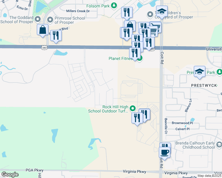 map of restaurants, bars, coffee shops, grocery stores, and more near 2111 East University Drive in Prosper