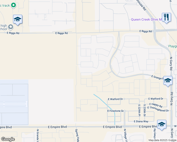 map of restaurants, bars, coffee shops, grocery stores, and more near 25680 South 226th Street in Queen Creek