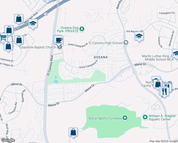 map of restaurants, bars, coffee shops, grocery stores, and more near 3747 Vista Campana North in Oceanside
