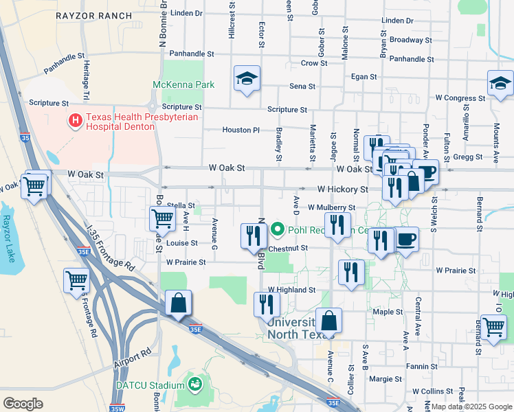 map of restaurants, bars, coffee shops, grocery stores, and more near 2105 Stella Street in Denton