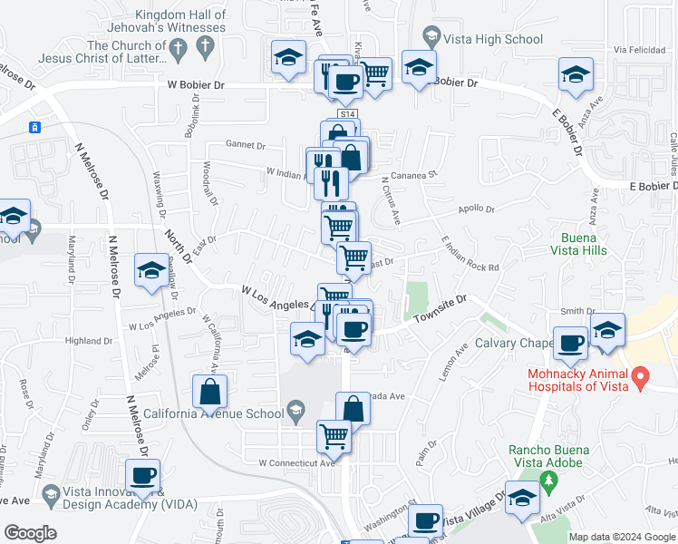 map of restaurants, bars, coffee shops, grocery stores, and more near 108 East Drive in Vista
