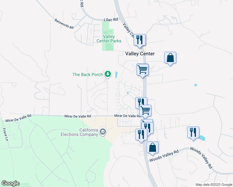 map of restaurants, bars, coffee shops, grocery stores, and more near 2 Valley Center Road in Valley Center