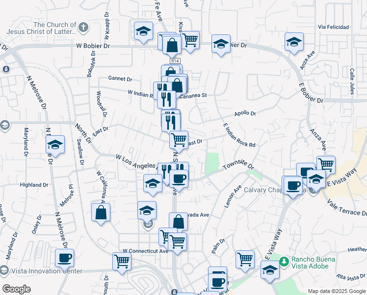 map of restaurants, bars, coffee shops, grocery stores, and more near 1046 Bartlett Drive in Vista