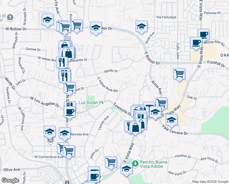 map of restaurants, bars, coffee shops, grocery stores, and more near 1217 Rhea Place in Vista