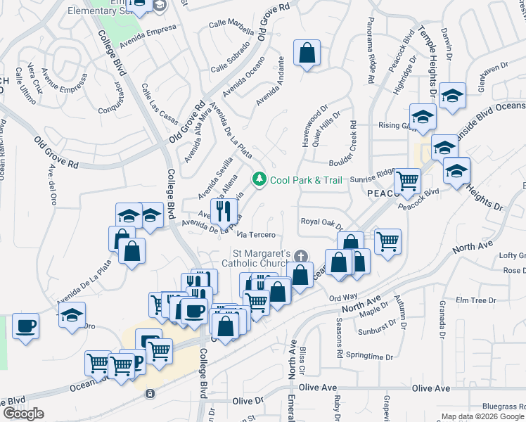map of restaurants, bars, coffee shops, grocery stores, and more near 1779 Avenida Segovia in Oceanside