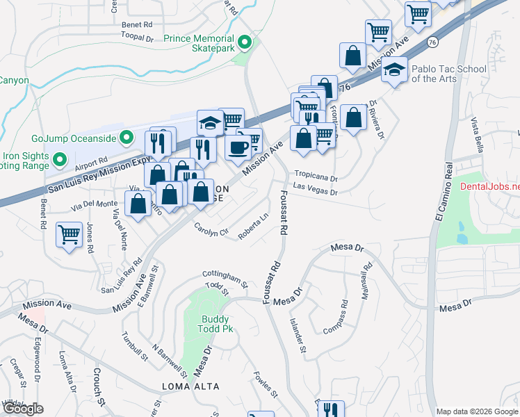 map of restaurants, bars, coffee shops, grocery stores, and more near 3301 Carolyn Circle in Oceanside