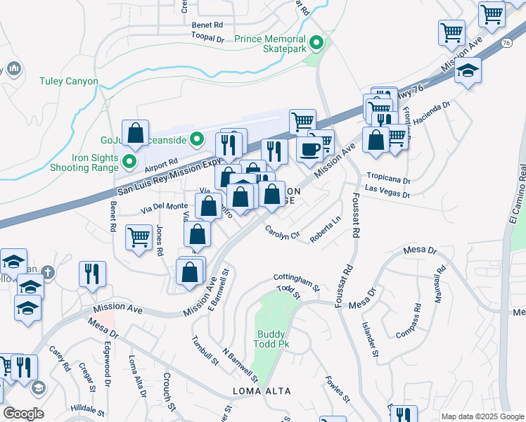 map of restaurants, bars, coffee shops, grocery stores, and more near 3212 Mission Avenue in Oceanside
