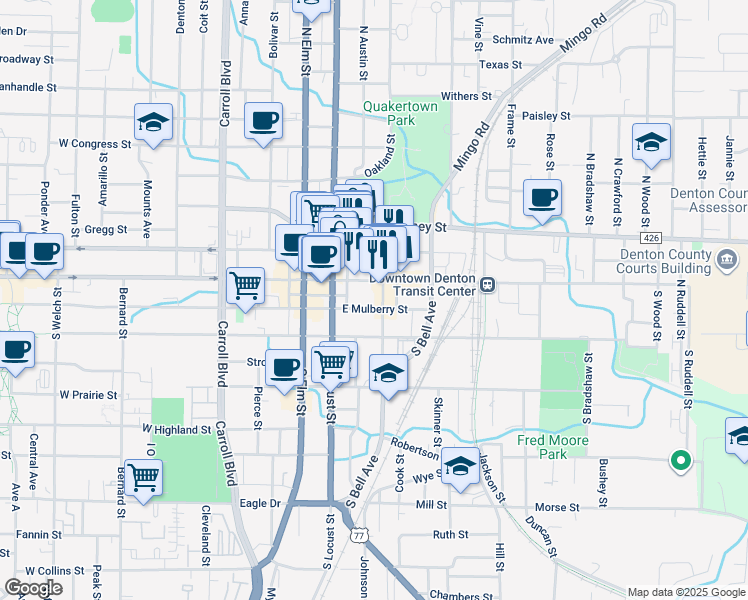 map of restaurants, bars, coffee shops, grocery stores, and more near 135 East Hickory Street in Denton