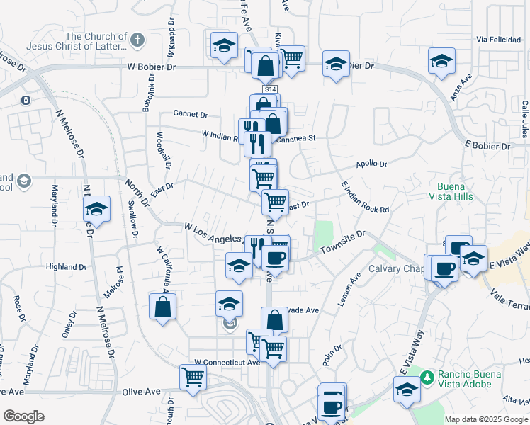map of restaurants, bars, coffee shops, grocery stores, and more near 108 East Drive in Vista