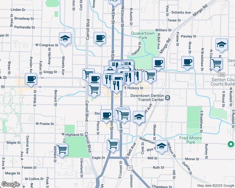 map of restaurants, bars, coffee shops, grocery stores, and more near in Denton