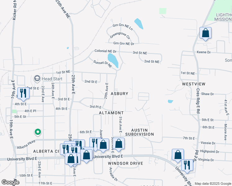 map of restaurants, bars, coffee shops, grocery stores, and more near 209 30th Avenue East in Tuscaloosa