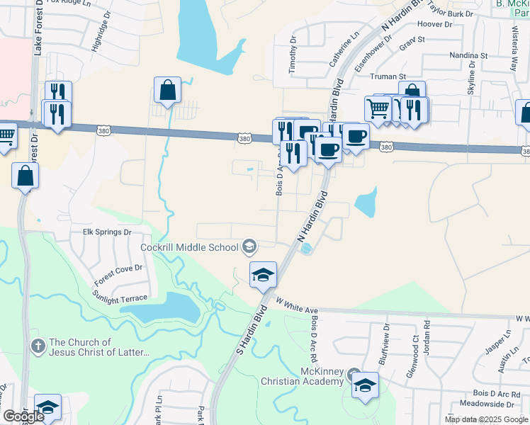 map of restaurants, bars, coffee shops, grocery stores, and more near 5201 Bois D Arc Road in McKinney