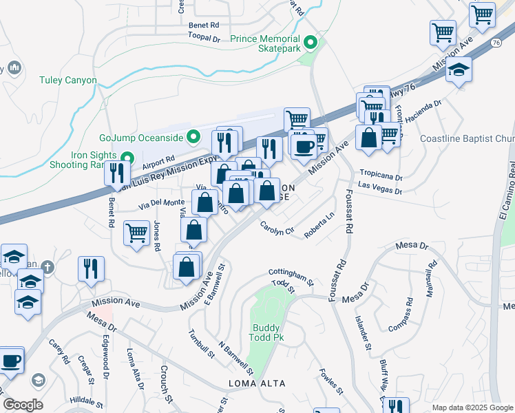 map of restaurants, bars, coffee shops, grocery stores, and more near 3200 Mission Avenue in Oceanside