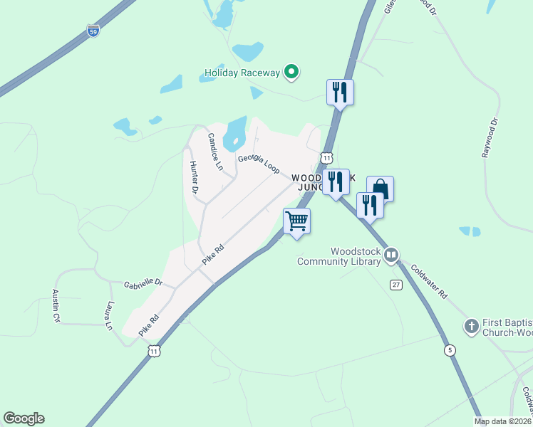 map of restaurants, bars, coffee shops, grocery stores, and more near 51 Pike Road in Woodstock